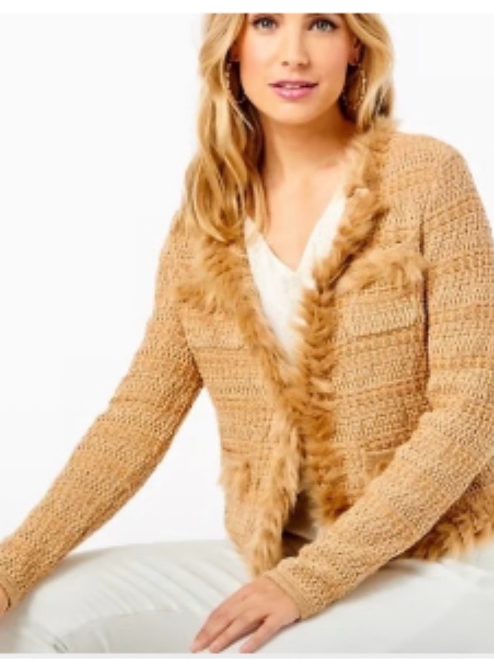 Lilly Pulitzer Preona Faux Fur Trim Cardigan Jacket Sweater Small